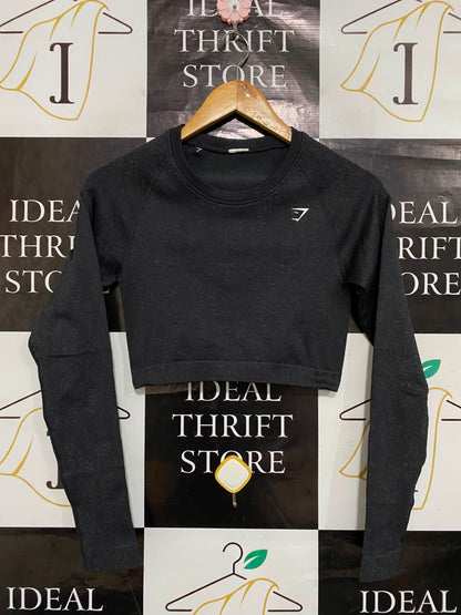 GYMSHARK |XS| BUST 13| BLACK MARLED JACQUARD LONG SLEEVE CROP TOP WOMEN'S