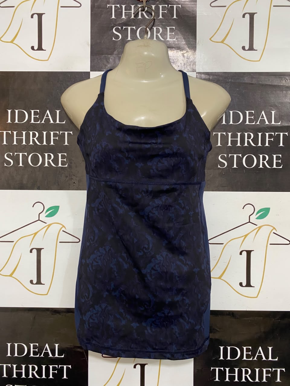 LULULEMON |S| BUST 15| NAVY BLUE BLUE DAMASK FLOWER PRINT ATHLETIC TANK TOP WITH BUILT-IN BRA