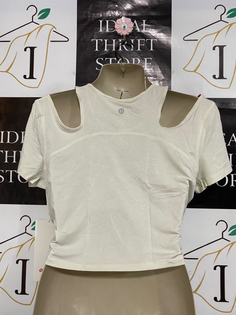 LULULEMON |S| BUST 17| WHITE OFF-WHITE COLD SHOULDER CUTOUT CROP TOP SHORT SLEEVE SHIRT