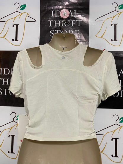 LULULEMON |S| BUST 17| WHITE OFF-WHITE COLD SHOULDER CUTOUT CROP TOP SHORT SLEEVE SHIRT
