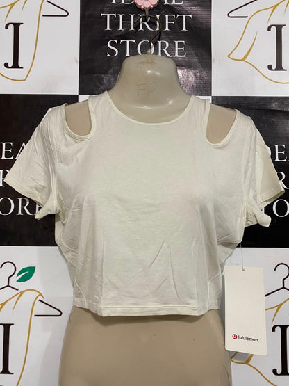 LULULEMON |S| BUST 17| WHITE OFF-WHITE COLD SHOULDER CUTOUT CROP TOP SHORT SLEEVE SHIRT