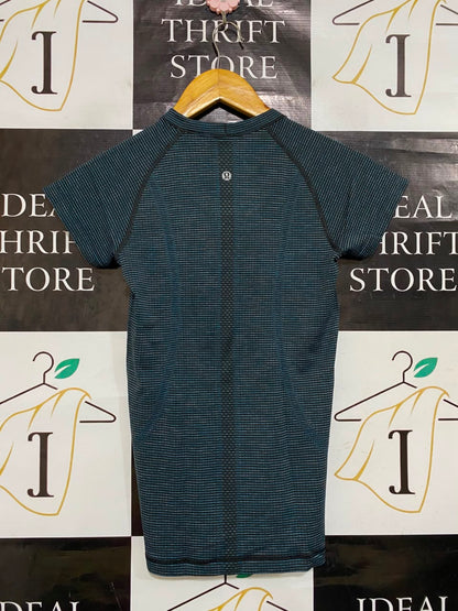 LULULEMON |S| BUST 14| TEAL BLACK STRIPED SEAMLESS ATHLETIC SHORT SLEEVE T-SHIRT
