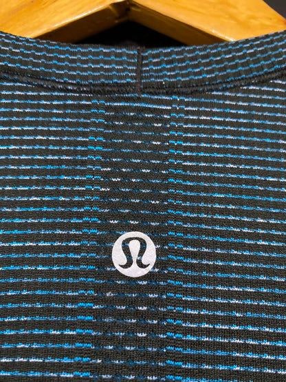 LULULEMON |S| BUST 14| TEAL BLACK STRIPED SEAMLESS ATHLETIC SHORT SLEEVE T-SHIRT