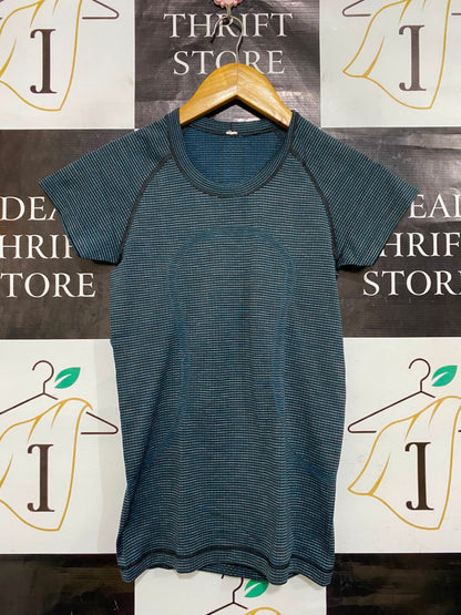 LULULEMON |S| BUST 14| TEAL BLACK STRIPED SEAMLESS ATHLETIC SHORT SLEEVE T-SHIRT