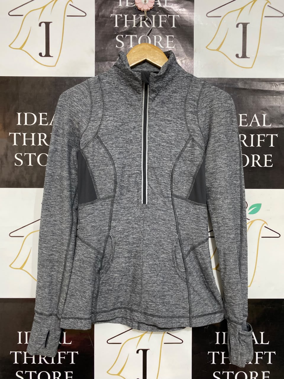 LULULEMON |S| BUST 17| GREY MARLED HALF-ZIP PULLOVER TRACK JACKET WITH THUMBHOLES