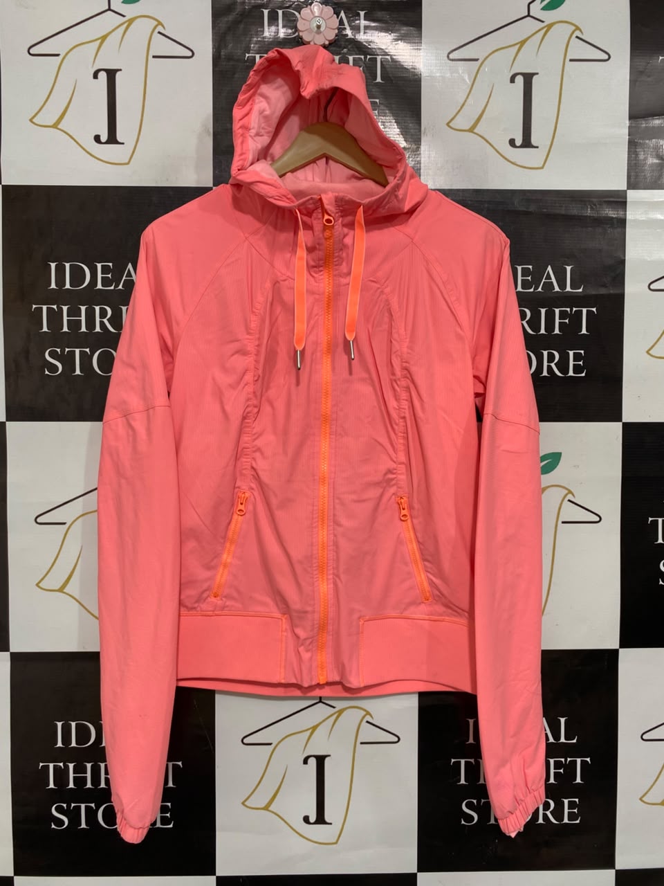 LULULEMON |S| BUST 19| NEON CORAL PINK FULL-ZIP HOODED WINDPROTECT ATHLETIC JACKET