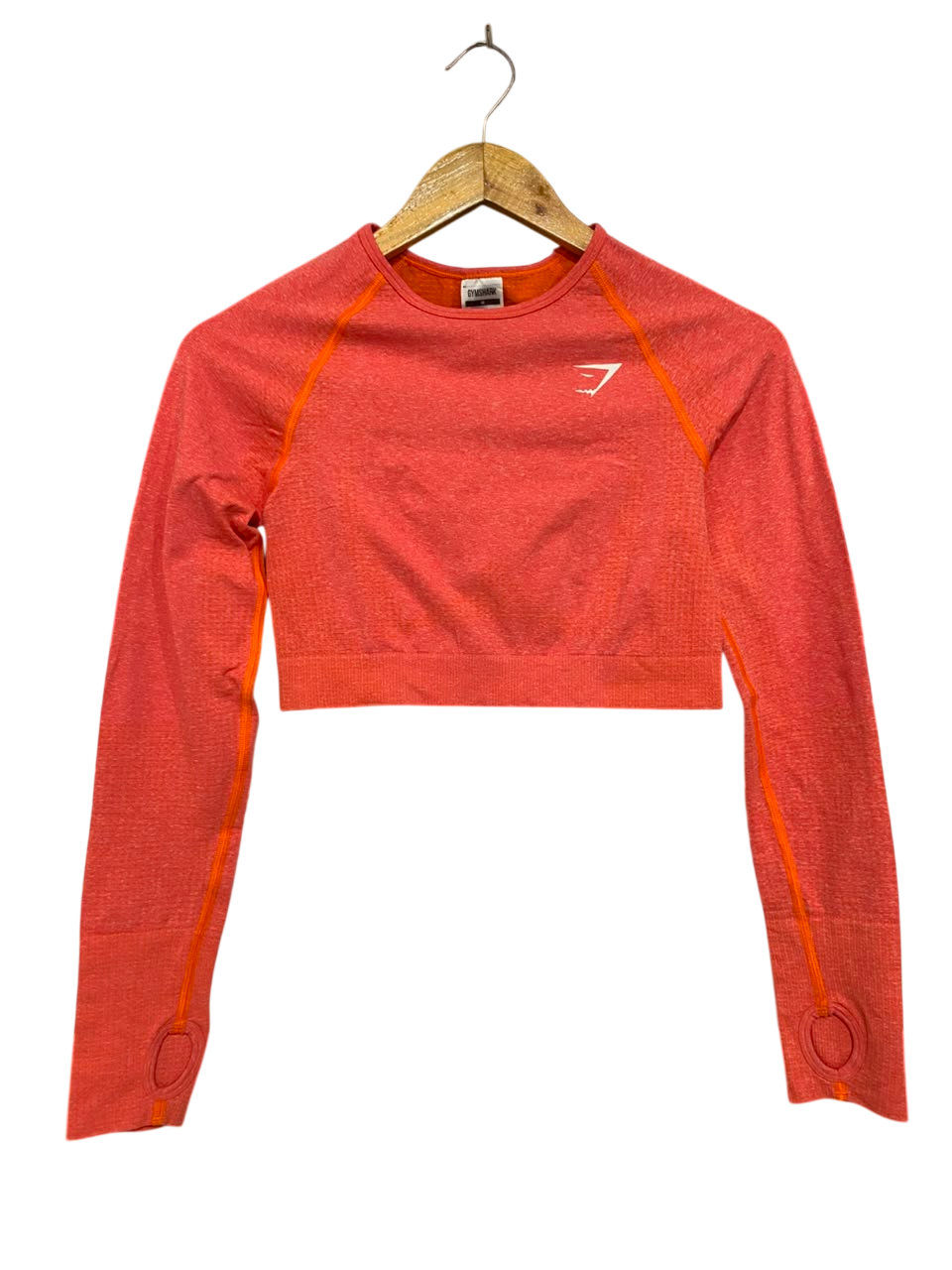 GYMSHARK |M| BUST 14| CORAL / PEACH MARLED SEAMLESS LONG-SLEEVE CROP TOP ACTIVEWEAR