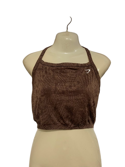 GYMSHARK |S| BUST 15| BROWN ANIMAL JACQUARD HALTER CROP TOP ACTIVEWEAR
