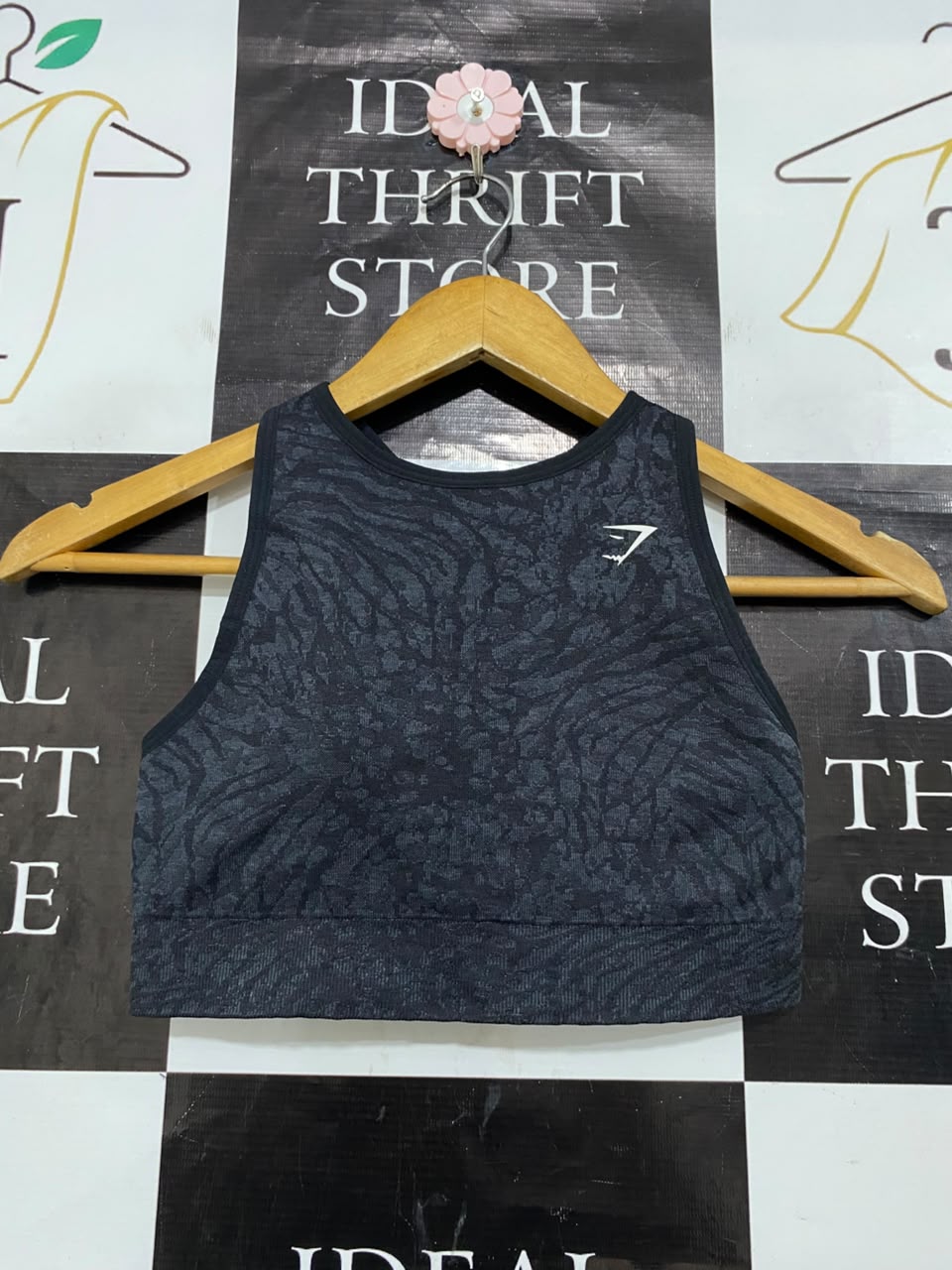 GYMSHARK |XS| BUST 12| BLACK ANIMAL PRINT HIGH-NECK SPORTS BRA CROP TOP ACTIVEWEAR
