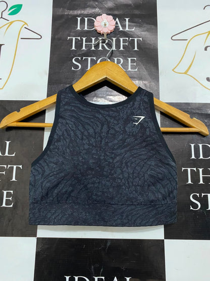 GYMSHARK |XS| BUST 12| BLACK ANIMAL PRINT HIGH-NECK SPORTS BRA CROP TOP ACTIVEWEAR