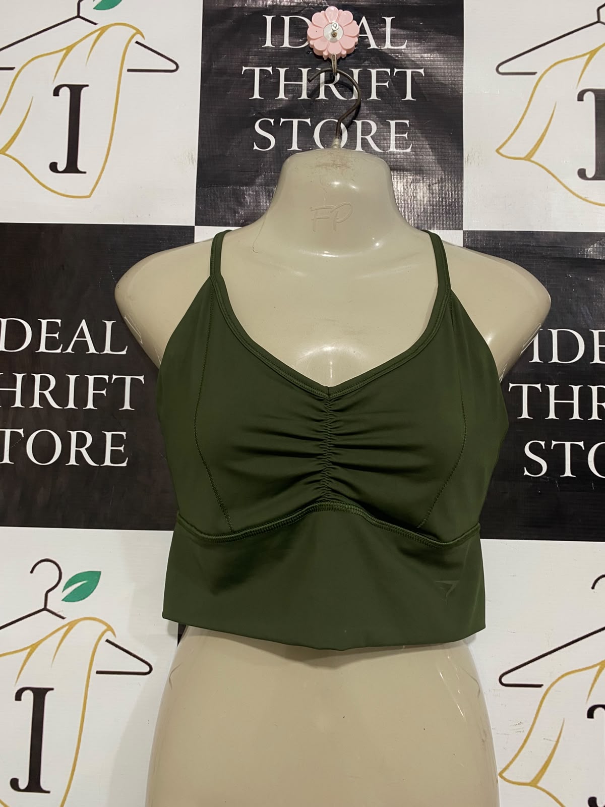 GYMSHARK |M| BUST 15| OLIVE GREEN RUCHED SPORTS BRA CROP TOP ATHLETIC GYM ACTIVEWEAR