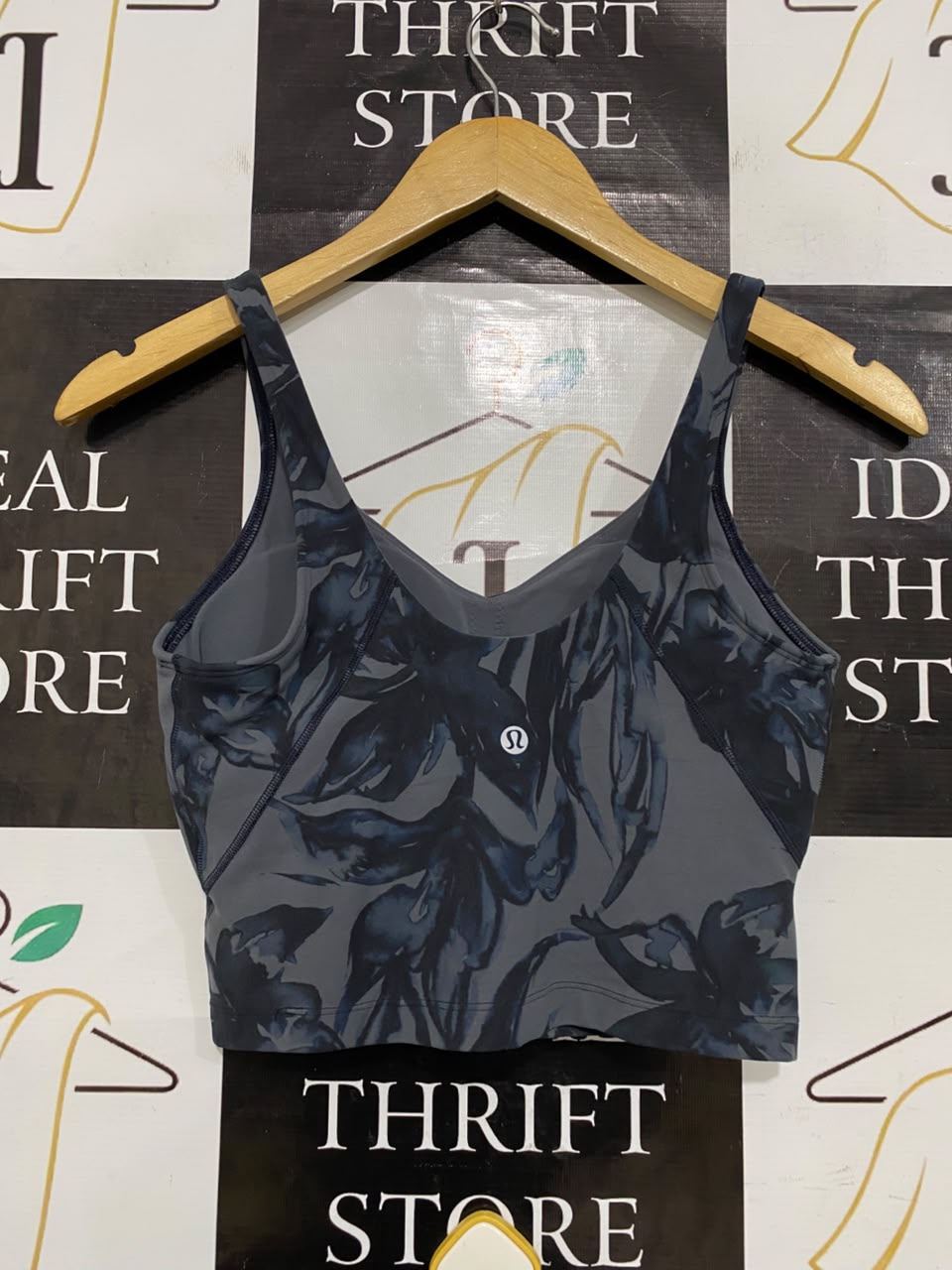 LULULEMON |XS| BUST 13| CHARCOAL GREY BLUE FLORAL PRINT CROP TOP TANK TOP ATHLETIC ACTIVEWEAR