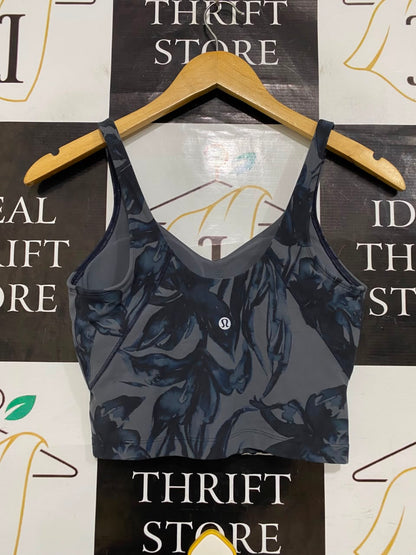 LULULEMON |XS| BUST 13| CHARCOAL GREY BLUE FLORAL PRINT CROP TOP TANK TOP ATHLETIC ACTIVEWEAR