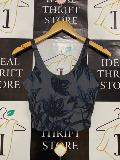 LULULEMON |XS| BUST 13| CHARCOAL GREY BLUE FLORAL PRINT CROP TOP TANK TOP ATHLETIC ACTIVEWEAR