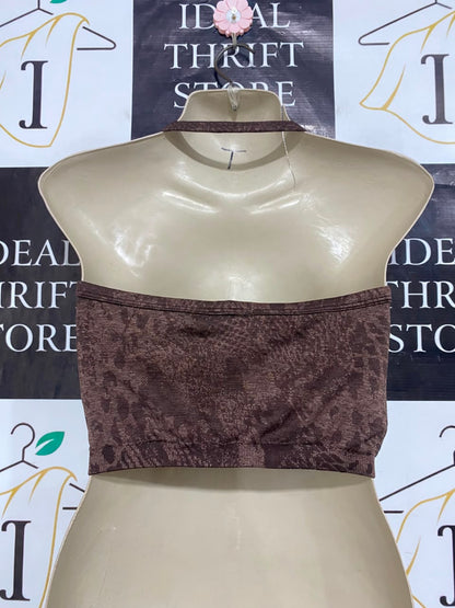 GYMSHARK |S| BUST 15| BROWN ANIMAL JACQUARD HALTER CROP TOP ACTIVEWEAR