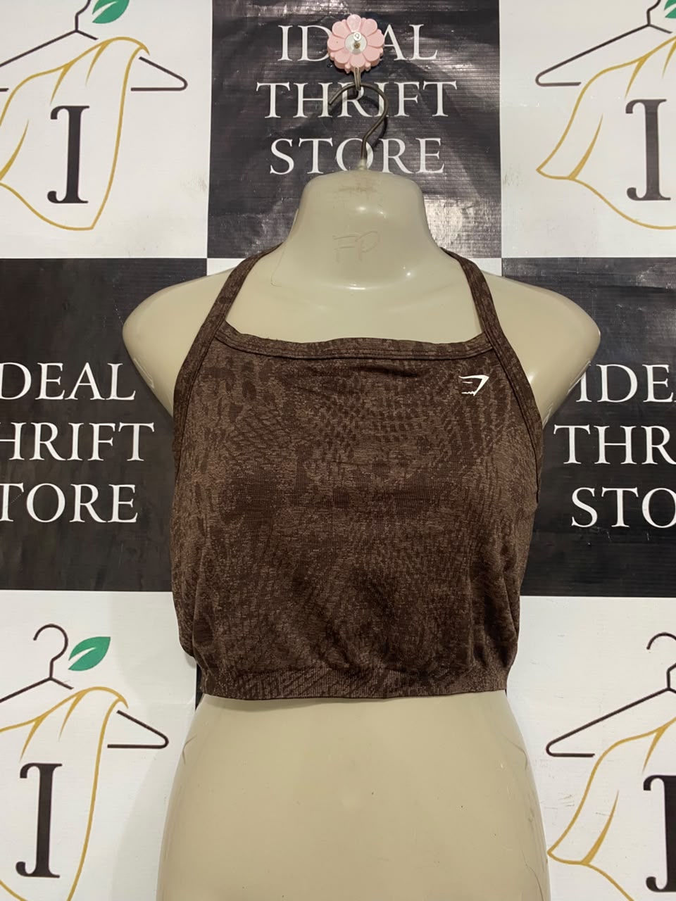 GYMSHARK |S| BUST 15| BROWN ANIMAL JACQUARD HALTER CROP TOP ACTIVEWEAR