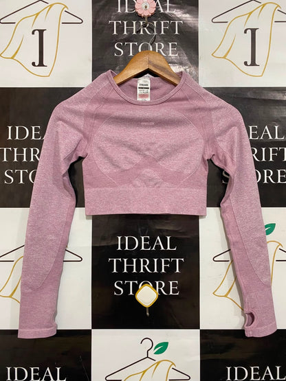 GYMSHARK |S| BUST 12| DUSTY PINK / MAUVE MARLED SEAMLESS LONG-SLEEVE CROP TOP ACTIVEWEAR