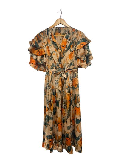 NICE COLLECTION |XL| BUST 15| A26| ORANGE, TEAL & BEIGE ABSTRACT PRINT WRAP-STYLE MIDI DRESS WITH RUFFLED SLEEVES