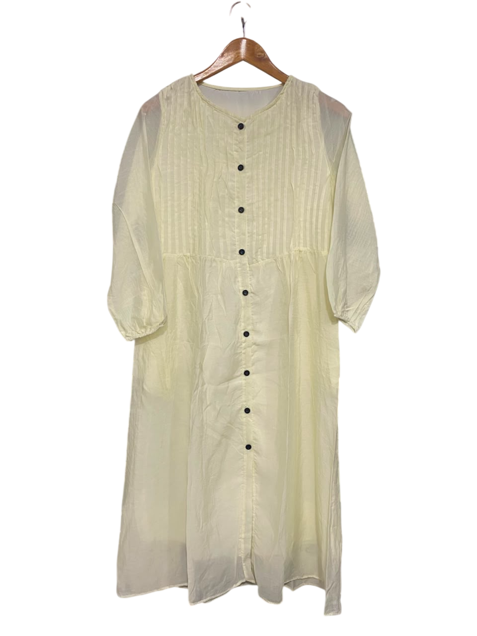 |L| BUST 19| A26| LIGHT YELLOW PLEATED-BODICE BUTTON-DOWN LONG-SLEEVE MIDI DRESS