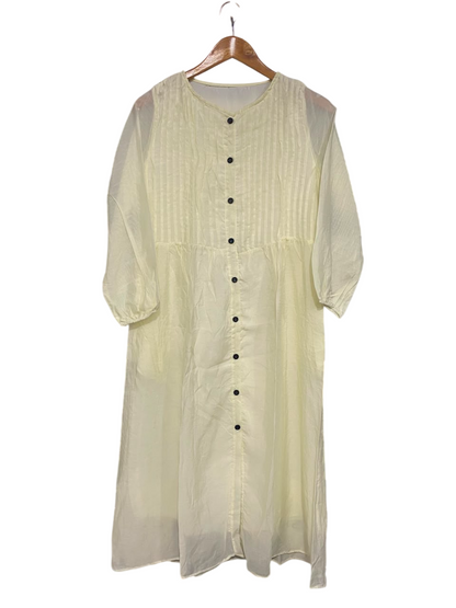 |L| BUST 19| A26| LIGHT YELLOW PLEATED-BODICE BUTTON-DOWN LONG-SLEEVE MIDI DRESS
