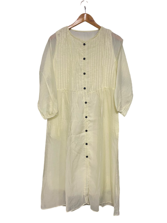 |L| BUST 19| A26| LIGHT YELLOW PLEATED-BODICE BUTTON-DOWN LONG-SLEEVE MIDI DRESS