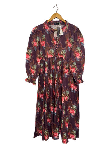 KAYSERIA |XL| BUST 22| A26| DEEP PLUM & MULTICOLOR BOTANICAL PRINT LONG-SLEEVE MIDI DRESS