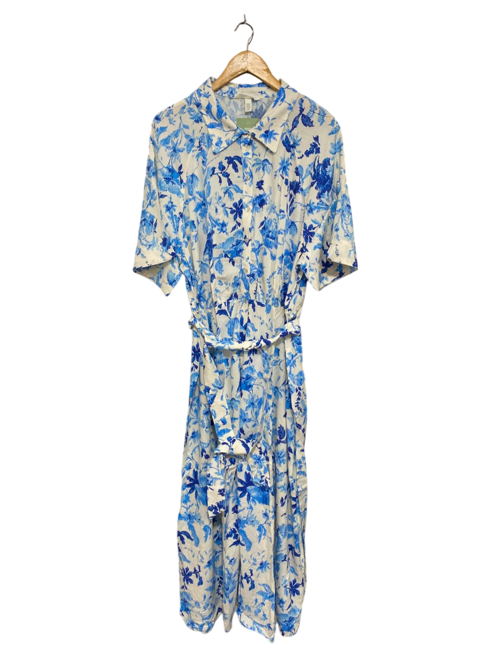 H&M |XL| BUST FREE| A26| BLUE & WHITE FLORAL PRINT COLLARED SHIRT MIDI DRESS WITH TIE WAIST