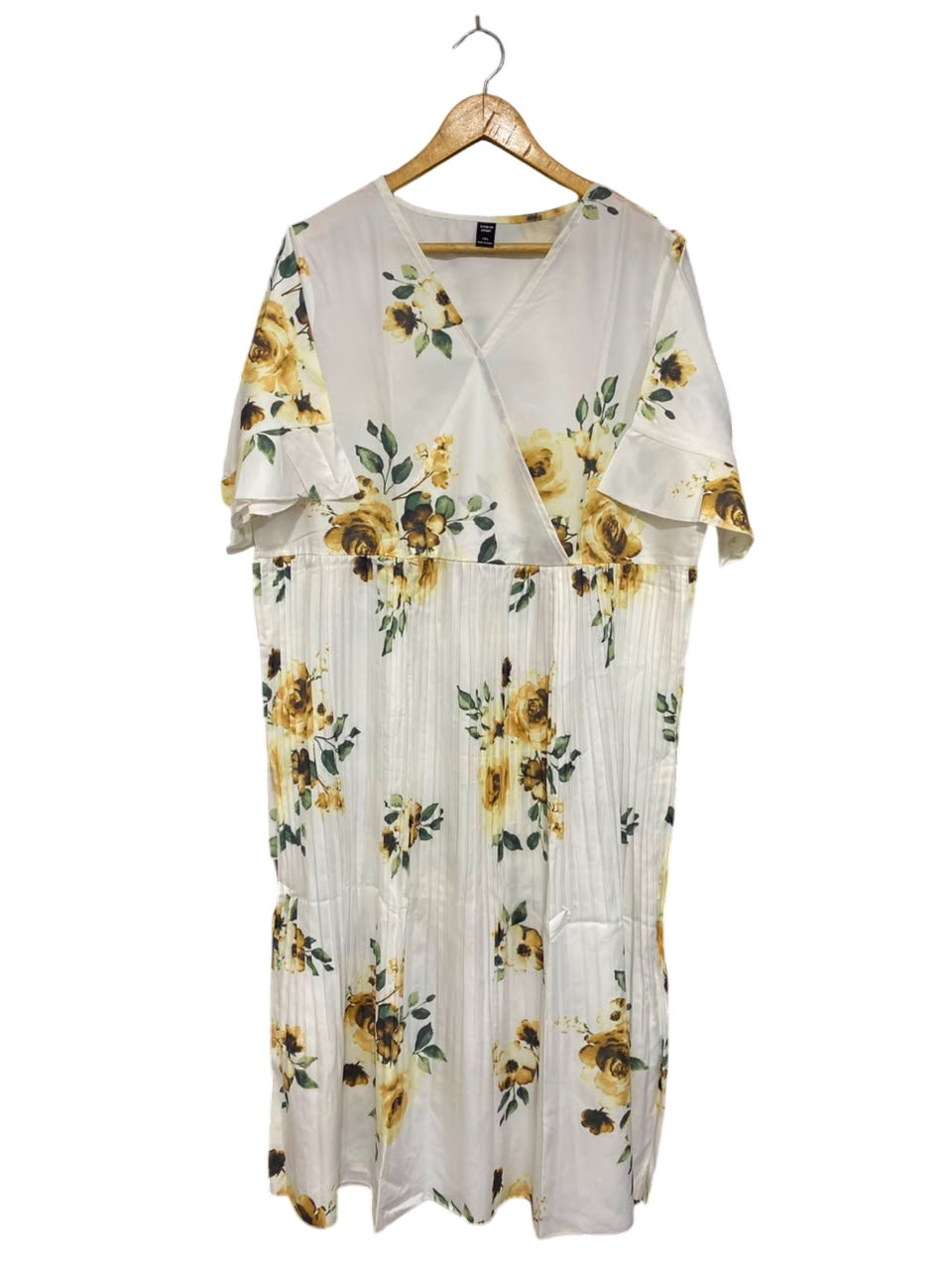 SHEIN CURVE |XL| BUST 23| A26| WHITE & YELLOW FLORAL PRINT V-NECK SHORT-SLEEVE MIDI DRESS