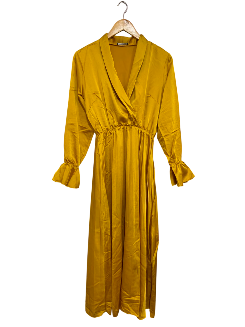 BOOHOO |M| BUST 18| A26| ELEGANT MUSTARD YELLOW WRAP-STYLE LONG-SLEEVE MIDI DRESS