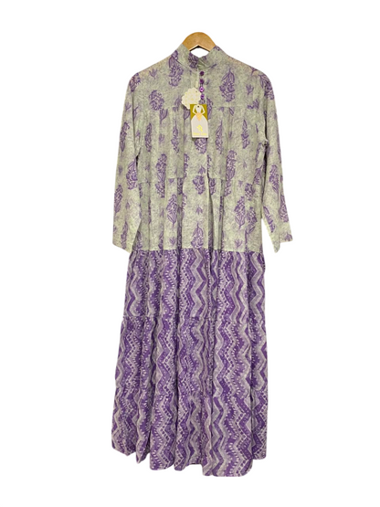ROSE LINE |S| BUST 20| A6| SAGE GREEN & PURPLE GEOMETRIC BLOCK-PRINT TIERED LONG-SLEEVE MIDI DRESS