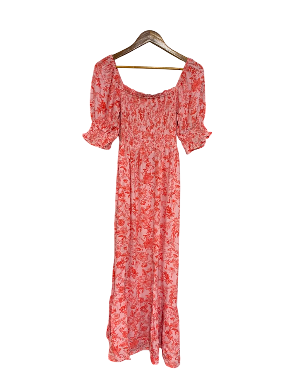 NEXT |M| BUST 12| A26| PINK & RED FLORAL PRINT SMOCKED SQUARE-NECK MIDI DRESS