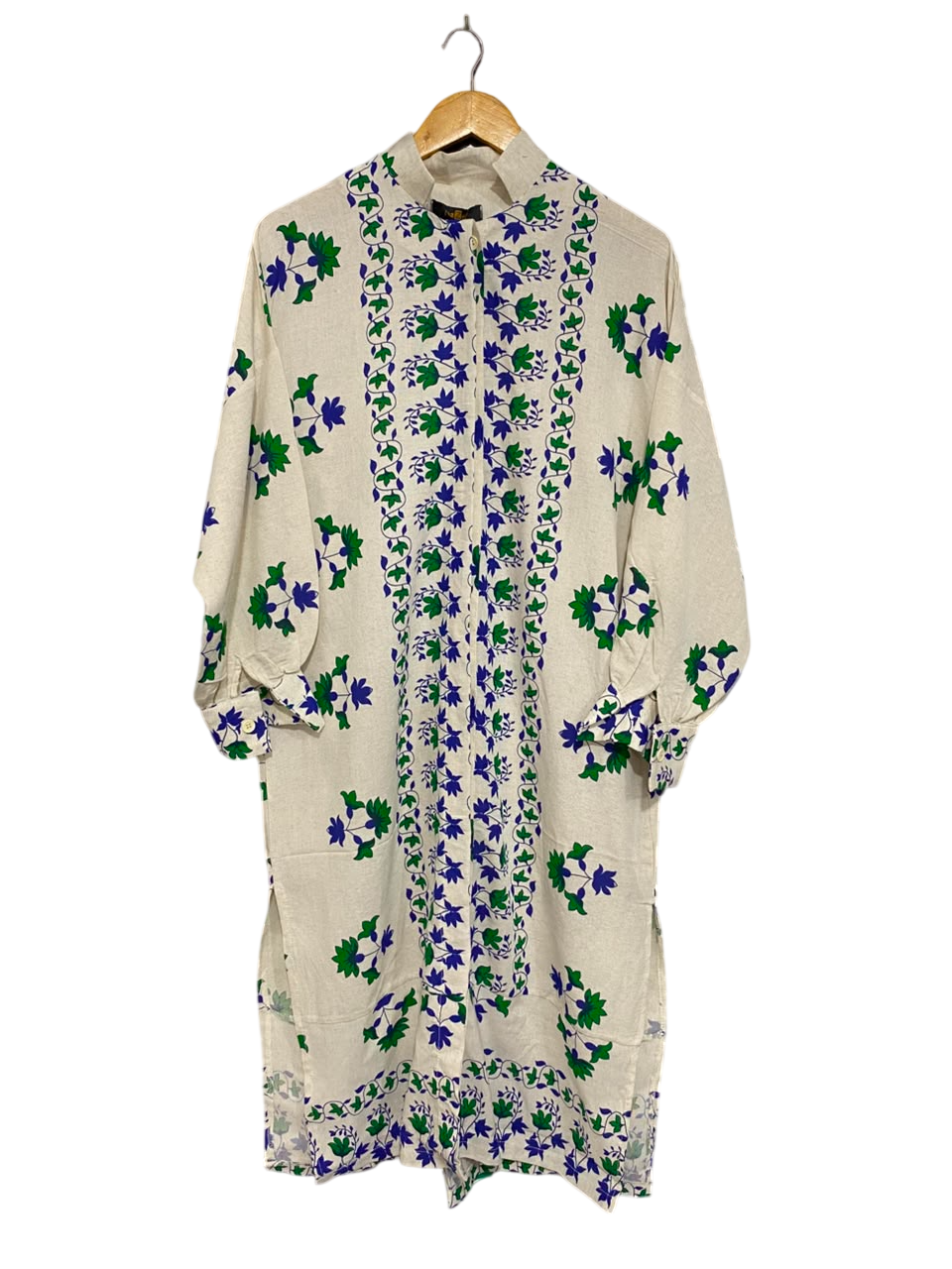 HAZE |L| BUST FREE| A26| BEIGE & BLUE/GREEN FLORAL VINE PRINT LONG-SLEEVE SHIRT MIDI DRESS