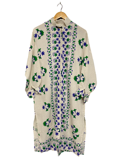 HAZE |L| BUST FREE| A26| BEIGE & BLUE/GREEN FLORAL VINE PRINT LONG-SLEEVE SHIRT MIDI DRESS