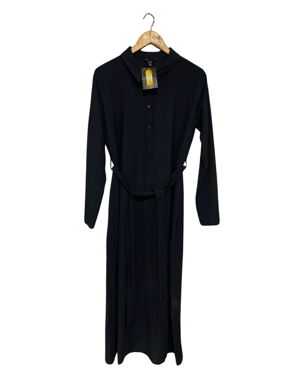 NOTTING HILL |L| BUST 20| A26| CLASSIC BLACK COLLARED LONG-SLEEVE SHIRT MIDI DRESS WITH TIE WAIST