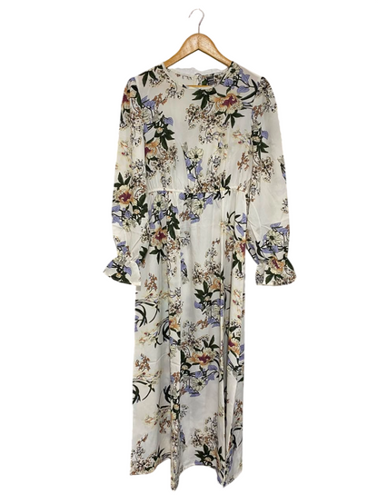SHEIN |L| BUST 18| A26| WHITE & MULTICOLOR FLORAL PRINT LONG-SLEEVE MIDI DRESS
