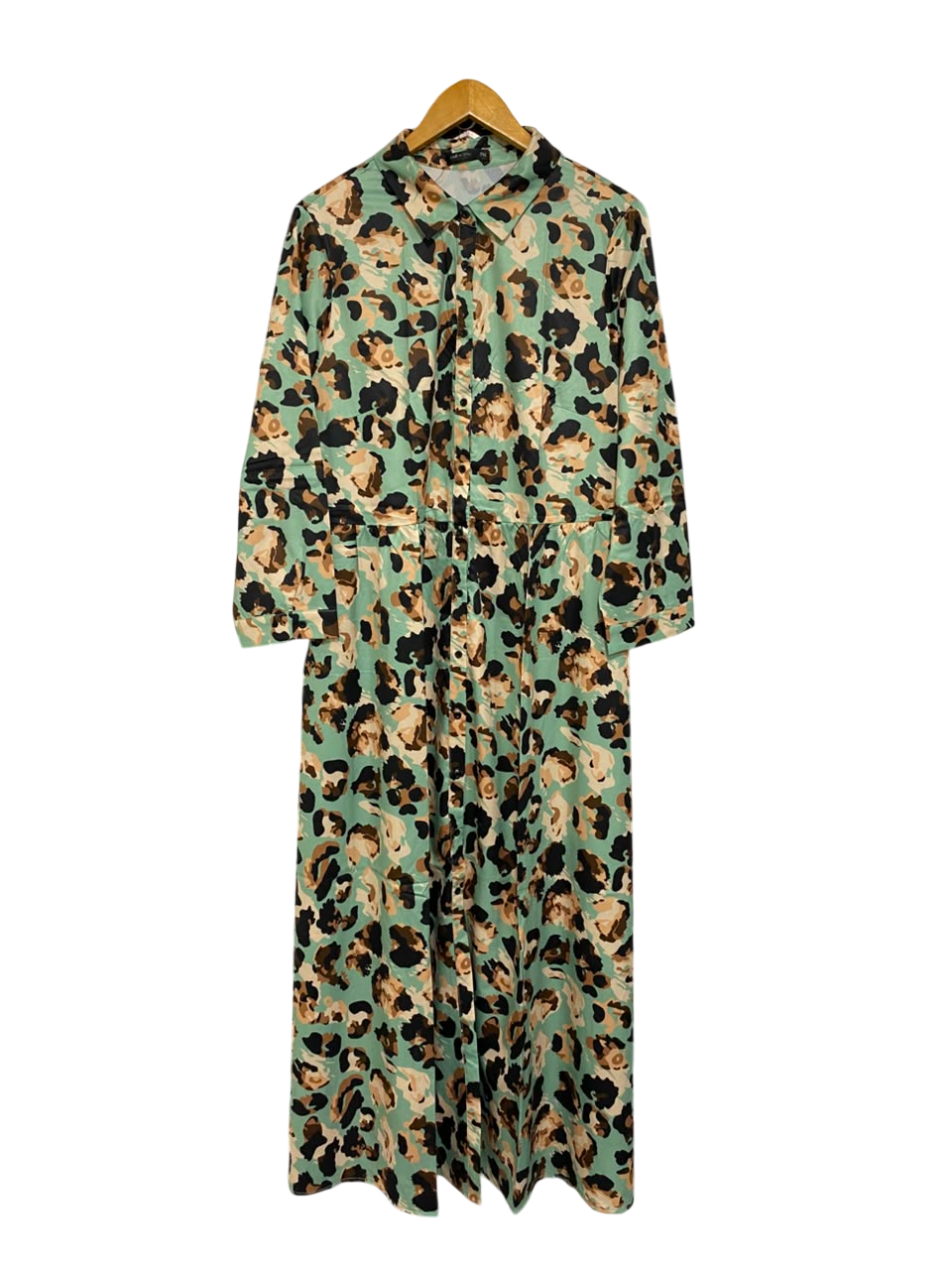 SHEIN |XL| BUST 22| A26| MINT GREEN & BROWN ANIMAL PRINT SHIRT MIDI DRESS