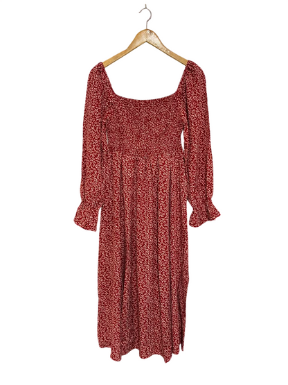 SHEIN |L| BUST 13| A26| RED & WHITE FLORAL PRINT SMOCKED SQUARE-NECK LONG-SLEEVE MIDI DRESS
