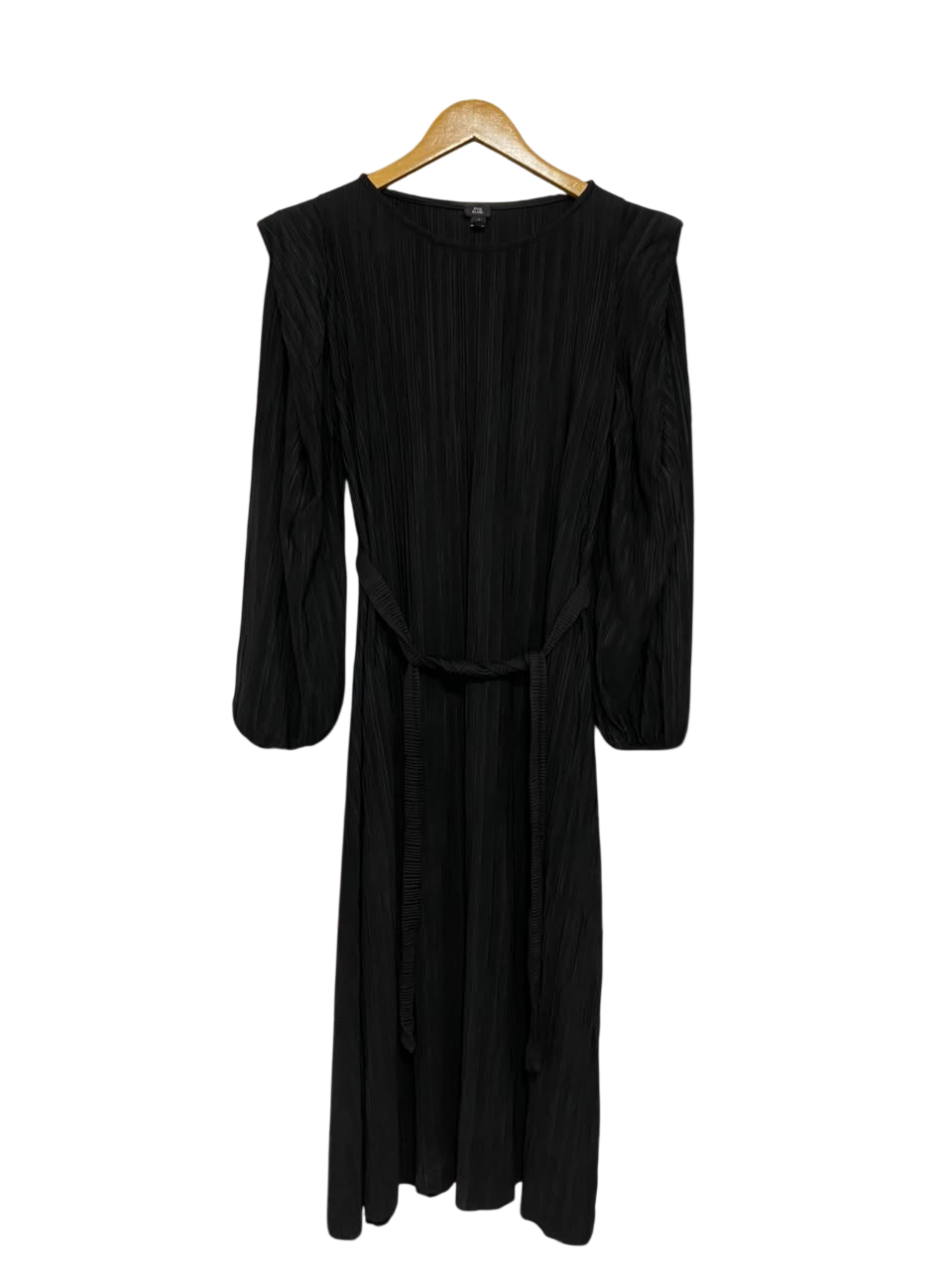 RIVER ISLAND |M| BUST 18| A26| CHIC BLACK CRINKLED PLEATED LONG-SLEEVE MIDI DRESS WITH TIE WAIST
