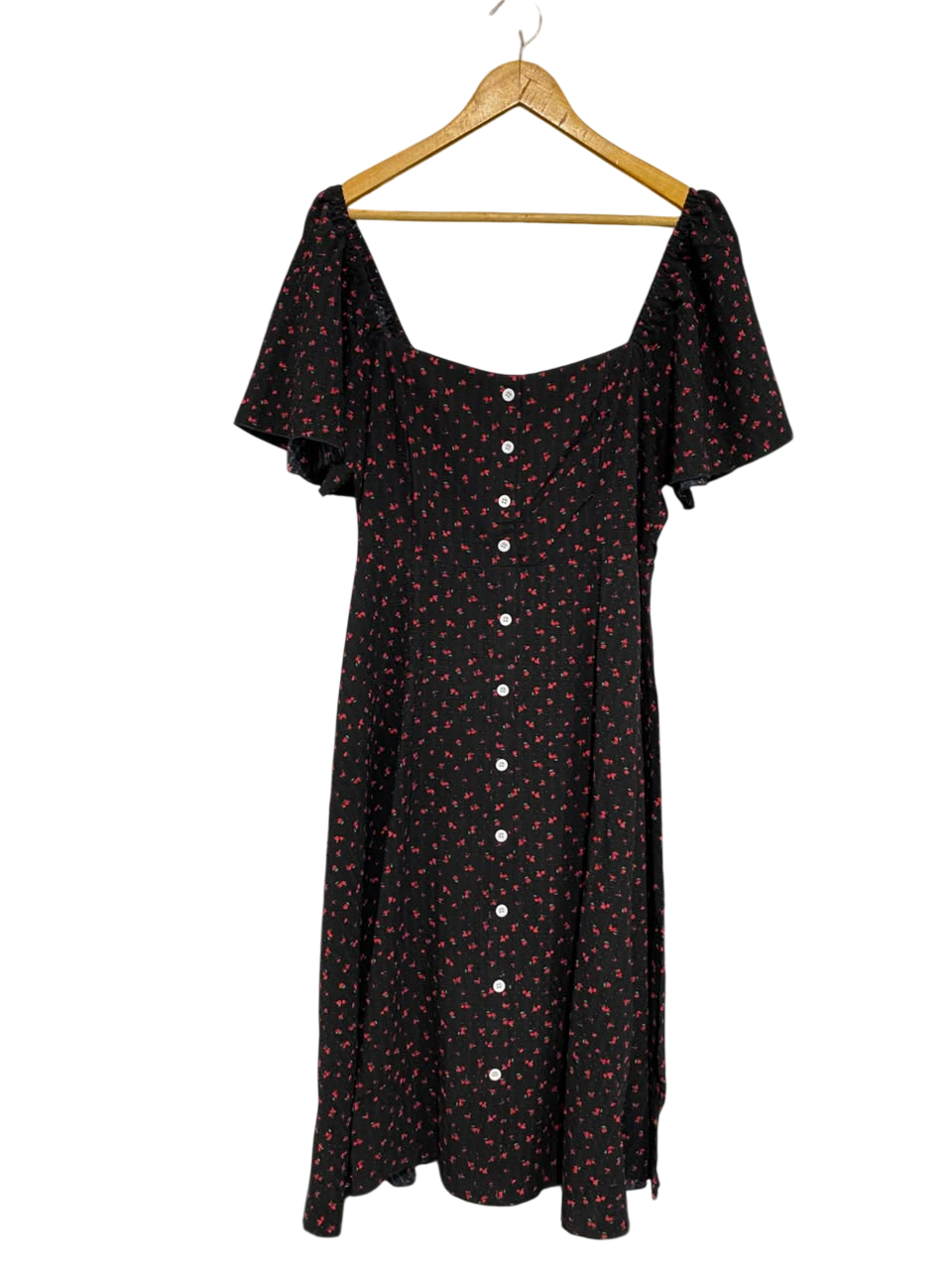 SHEIN CURVE |XL| BUST 18| A26| BLACK & RED FLORAL PRINT SQUARE-NECK BUTTON-DOWN MIDI DRESS