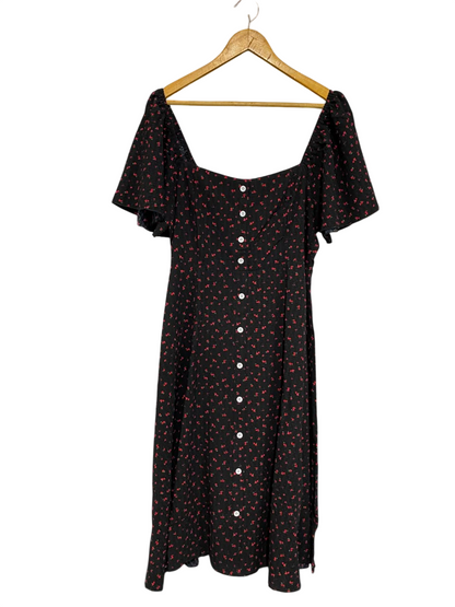 SHEIN CURVE |XL| BUST 18| A26| BLACK & RED FLORAL PRINT SQUARE-NECK BUTTON-DOWN MIDI DRESS