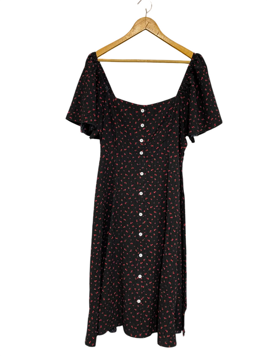 SHEIN CURVE |XL| BUST 18| A26| BLACK & RED FLORAL PRINT SQUARE-NECK BUTTON-DOWN MIDI DRESS