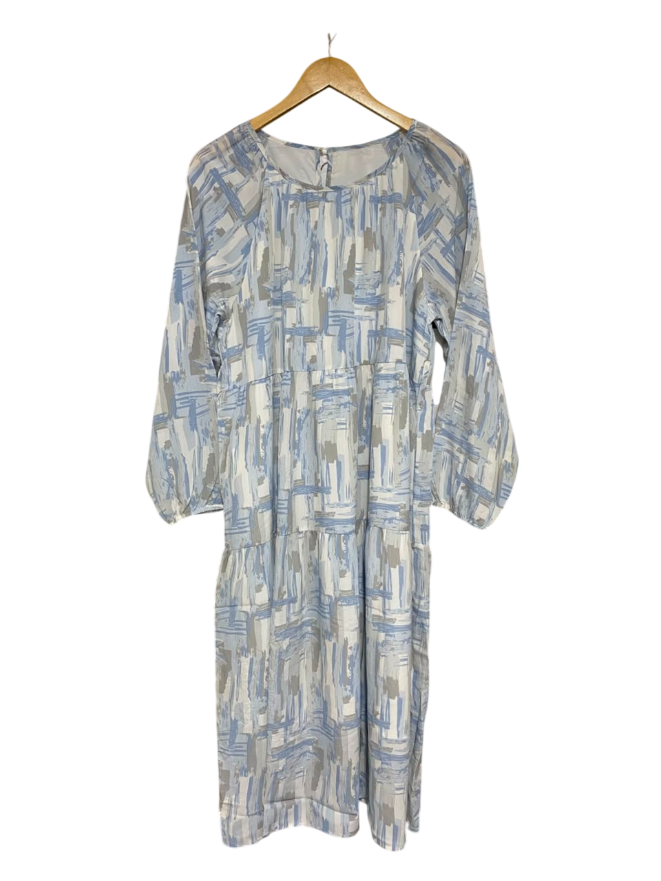 DAZY |L| BUST 20| A26| ABSTRACT BLUE BRUSHSTROKE PRINT TIERED LONG-SLEEVE MIDI DRESS