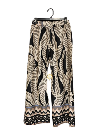 |S| WAIST 26| A26| BOHEMIAN LEAF & GEOMETRIC BORDER PRINT WIDE-LEG CASUAL TROUSERS