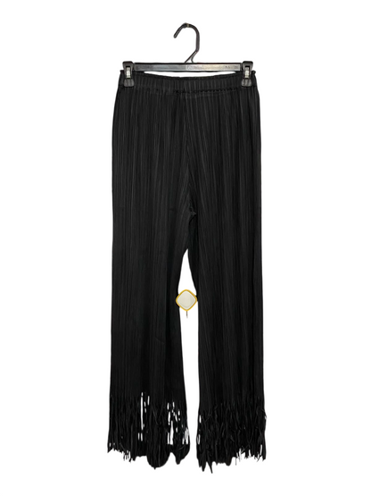 |XS| WAIST 24| A26| BLACK CRINKLED PLEATED FRINGE-HEM WIDE-LEG CASUAL TROUSERS
