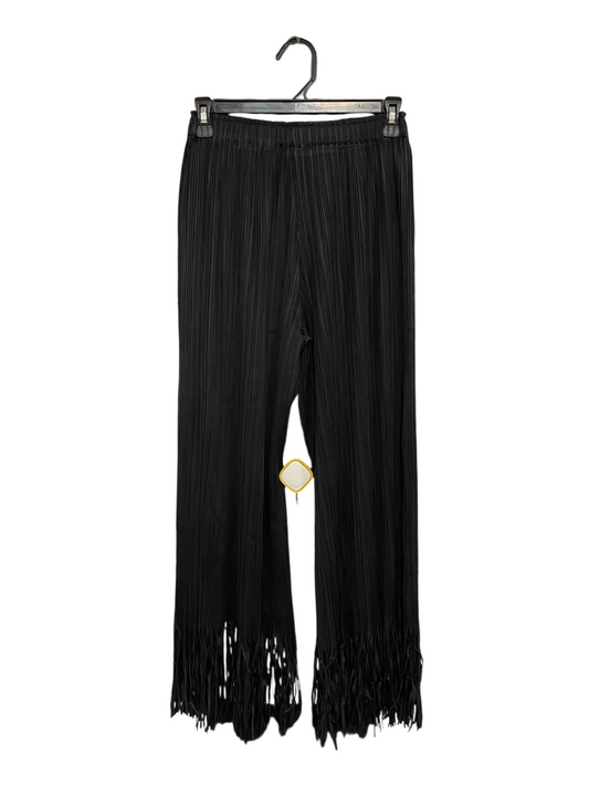 |XS| WAIST 24| A26| BLACK CRINKLED PLEATED FRINGE-HEM WIDE-LEG CASUAL TROUSERS