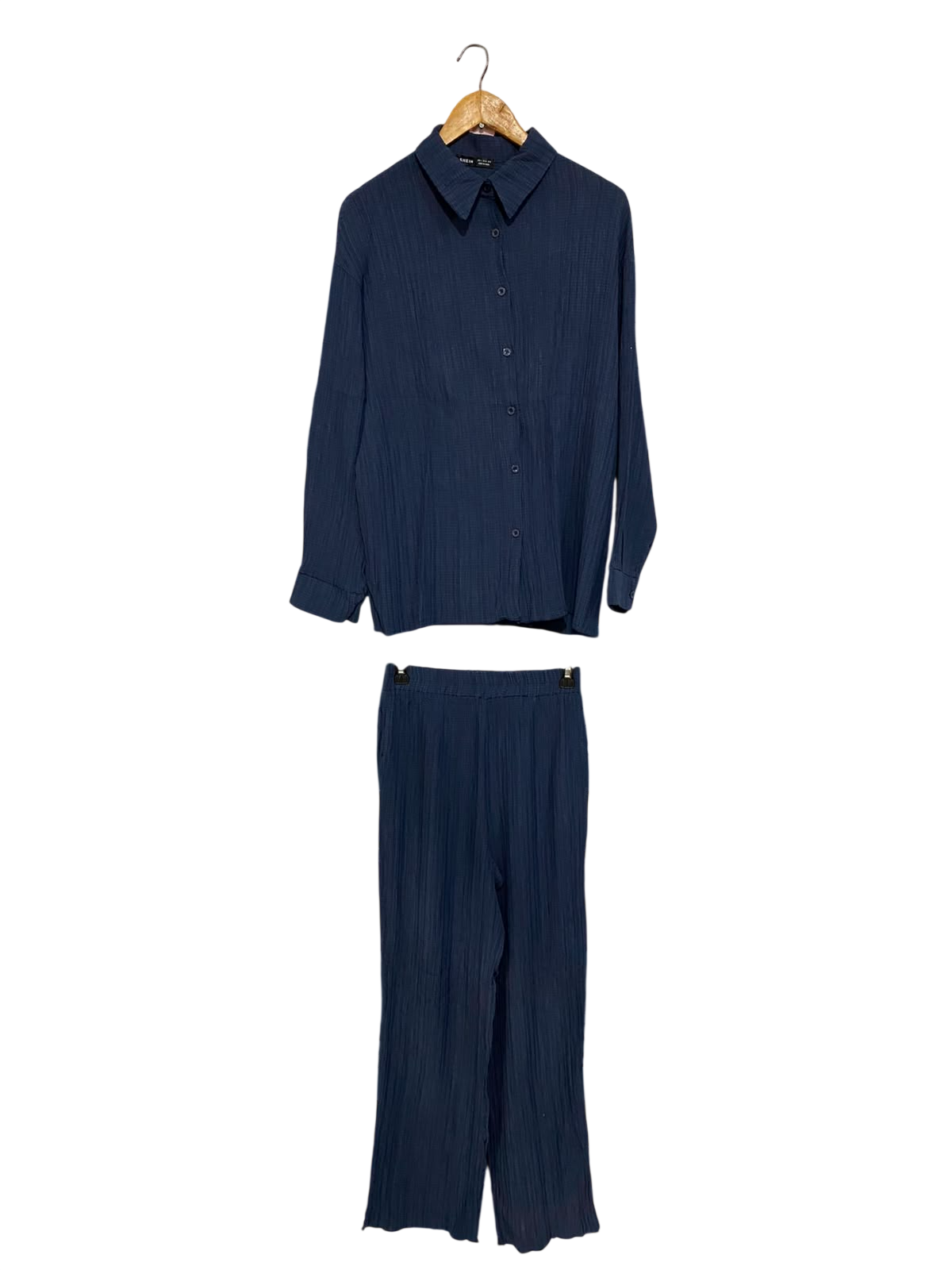 SHEIN |S| B32| NAVY BLUE CRINKLED BUTTON-DOWN SHIRT & WIDE-LEG PANTS LOUNGEWEAR SET