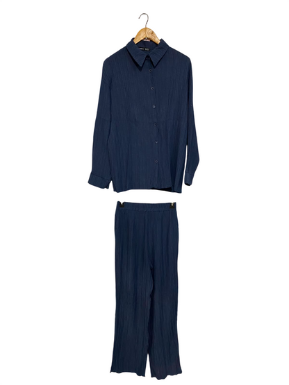 SHEIN |S| B32| NAVY BLUE CRINKLED BUTTON-DOWN SHIRT & WIDE-LEG PANTS LOUNGEWEAR SET