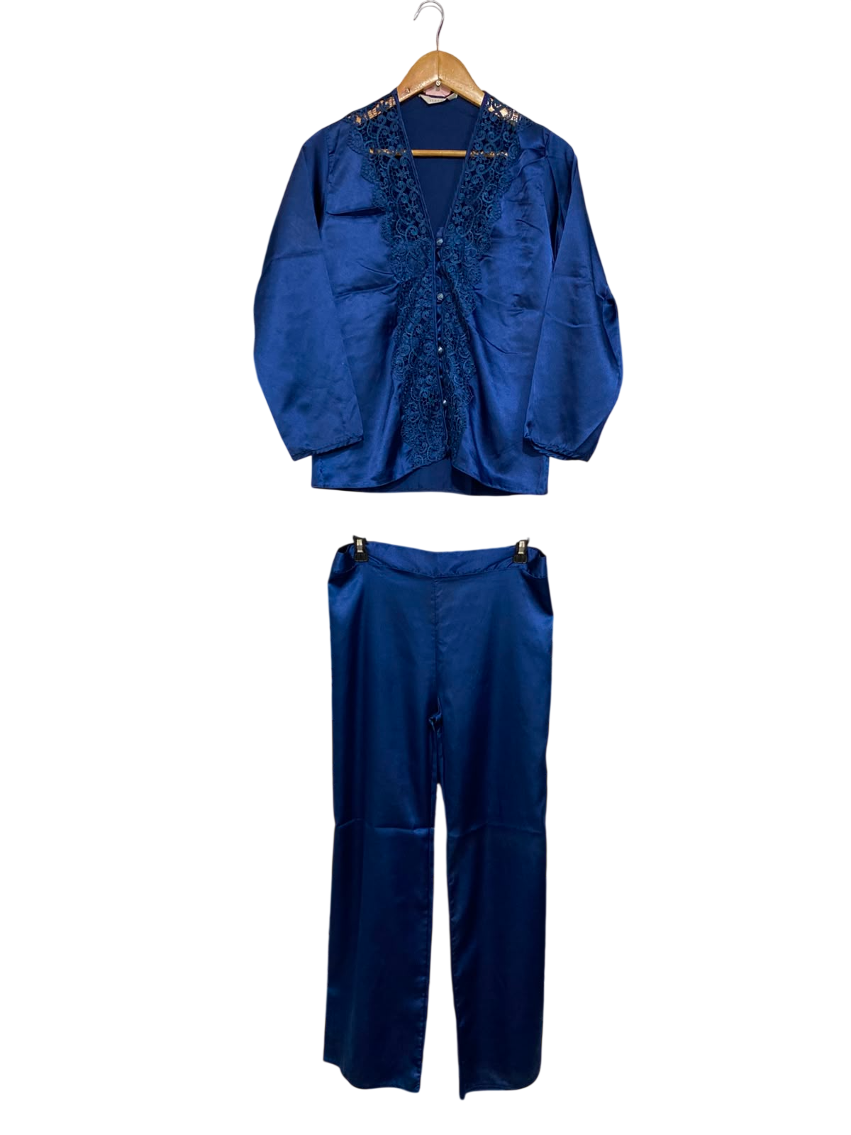 JEREMI |L| B32| ELEGANT ROYAL BLUE SATIN LACE-TRIM BUTTON-DOWN TUNIC & PANTS LOUNGEWEAR SET