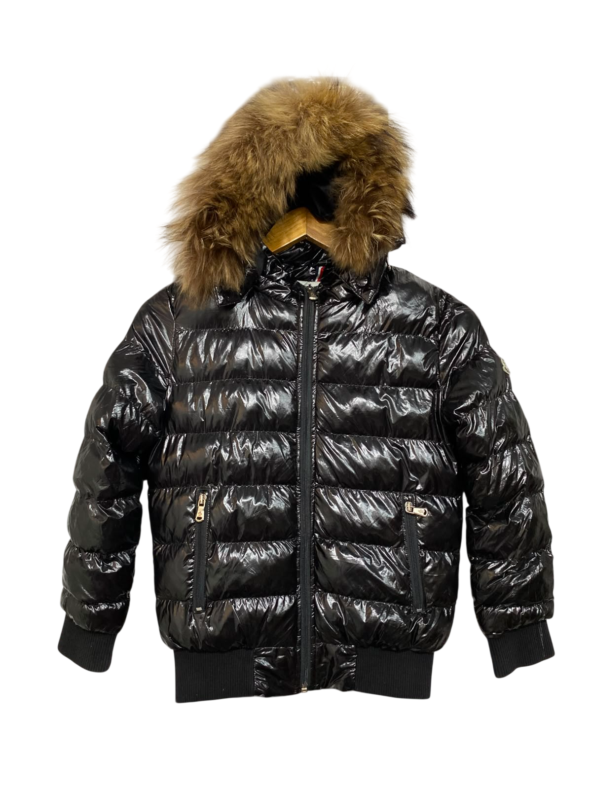 MONCLER |M| BUST 18| B32| GLOSSY BLACK PUFFER JACKET WITH FAUX FUR HOOD WINTER OUTERWEAR