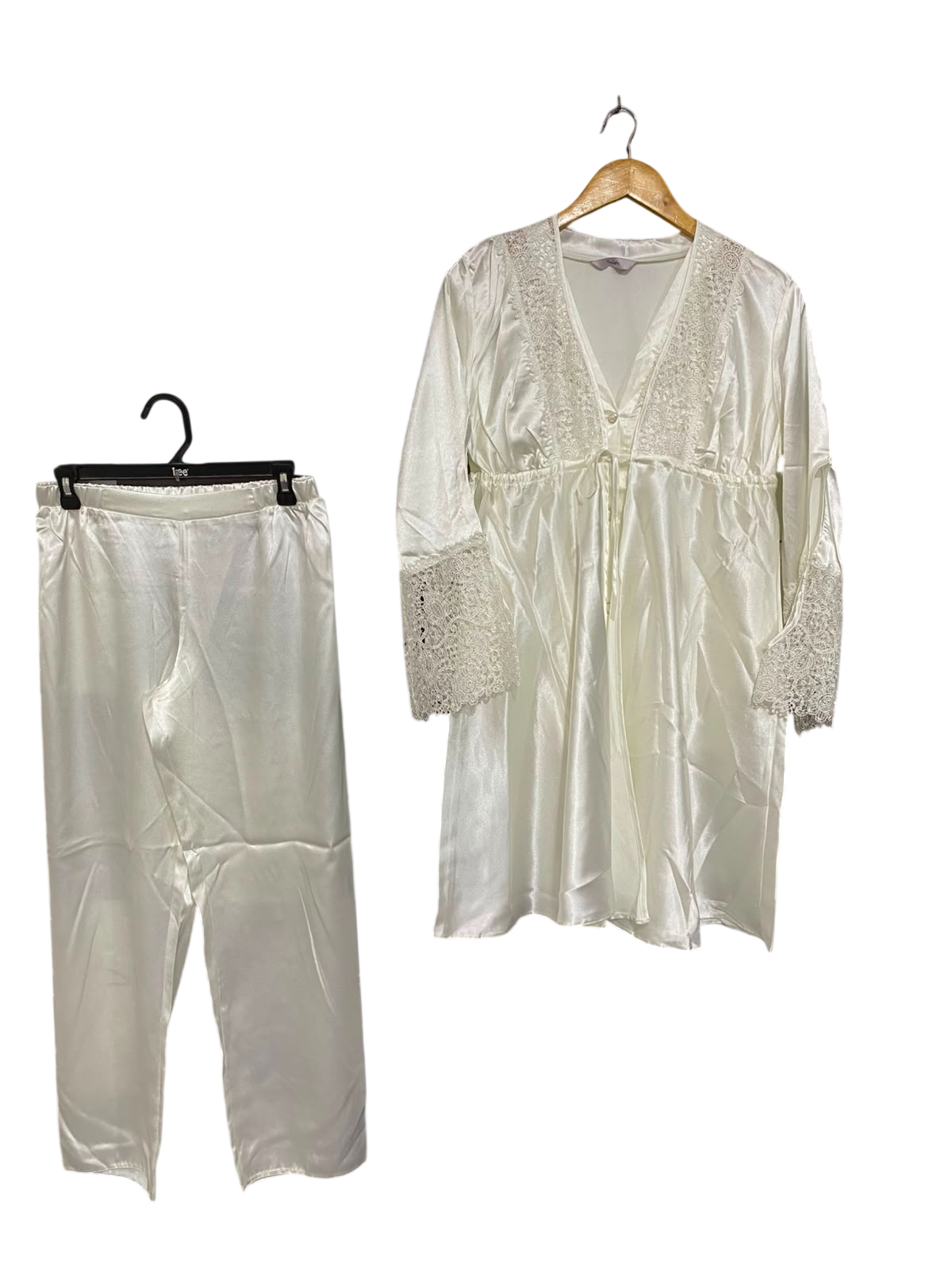 |M| B6| ELEGANT WHITE SATIN LACE-TRIM TUNIC & PANTS LOUNGEWEAR SET
